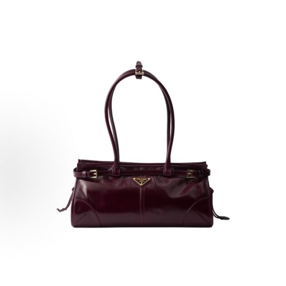 PRADA普拉达 Bonnie 珐琅⾦属三⻆形标志 ⼿提包 中号 ⼥款 勃⾉第红⾊